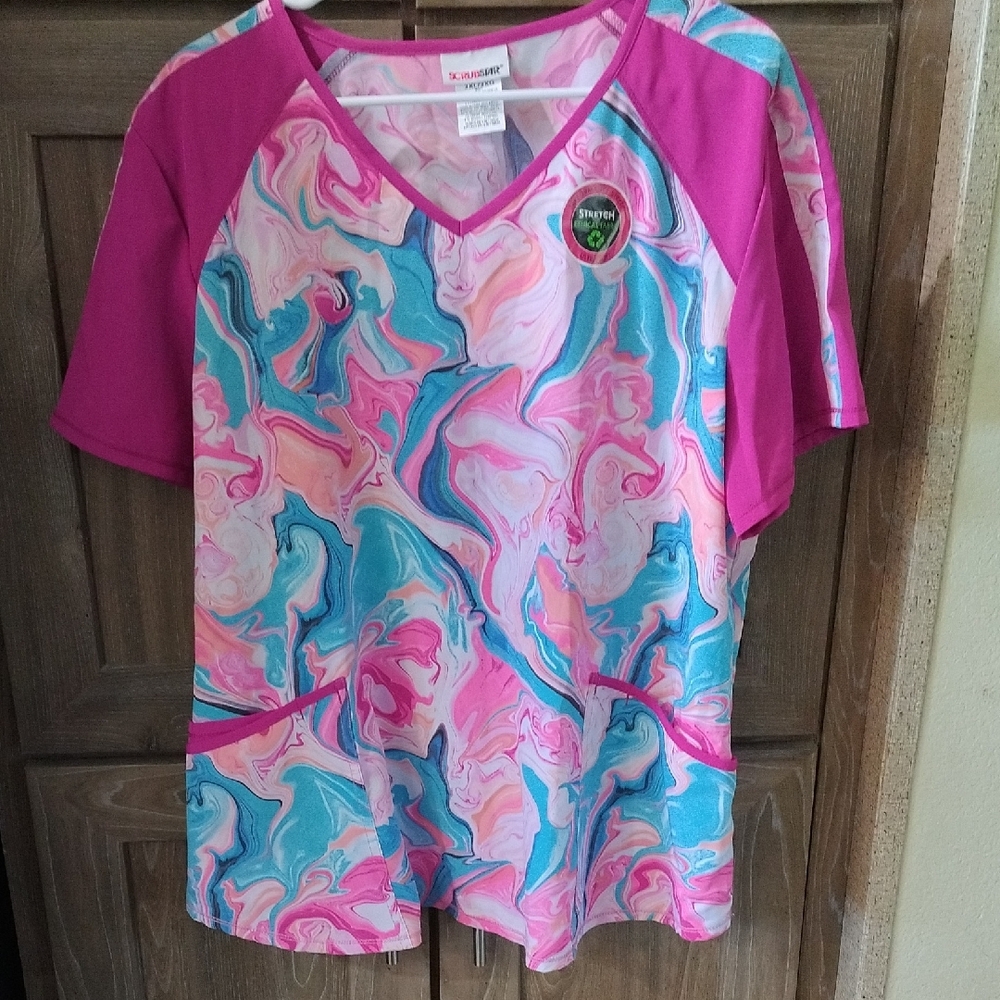 Scrub Star Stretch Ultra Soft V-Neck Scrub Top.  Fun Marbeled Pattern